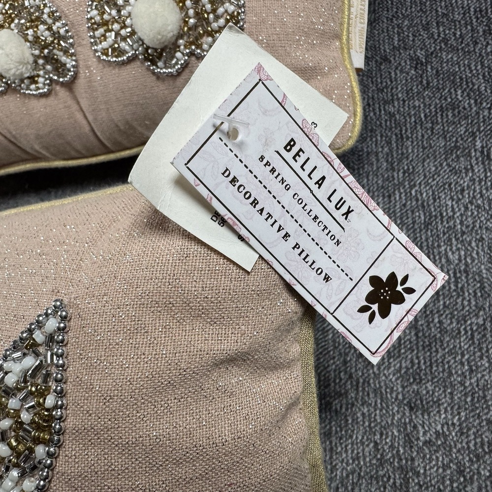 New Bella Lux Sequined Bunny Rabbit Pink Gold Trim Throw Pillow NWT - Picture 2 of 10